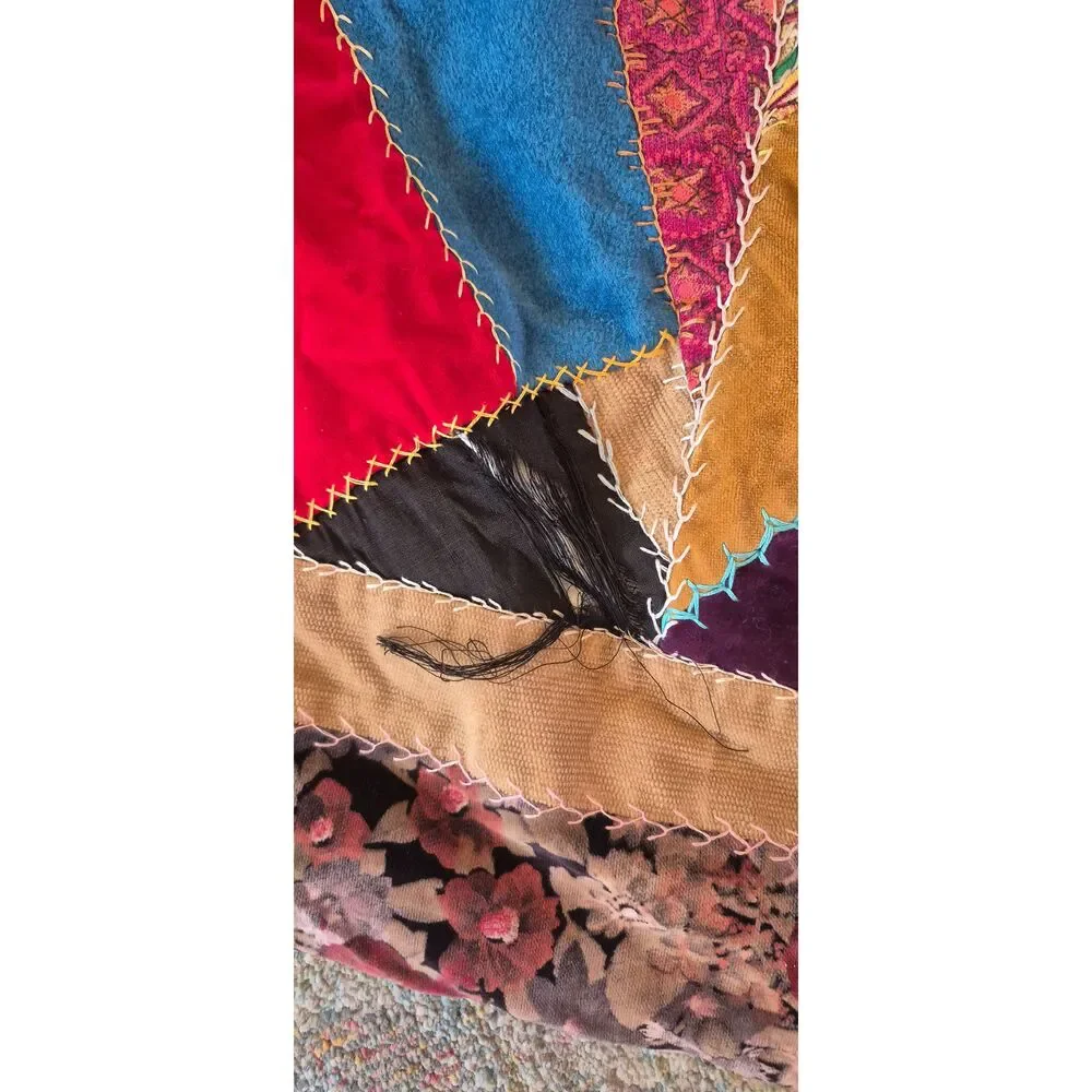 Vintage 1970s Handmade Velvet Crazy Quilt and Matching Pillow Set, Boho Eclectic